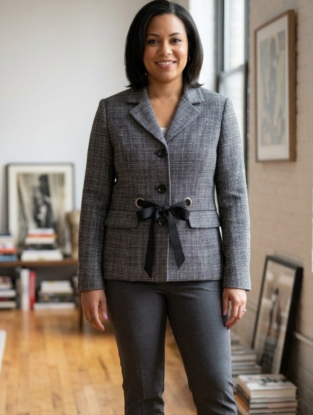 Vintage Giorgio Sant'Angelo Grey Tweed Blazer Jacket Size 12 Ribbon Bow Grommet